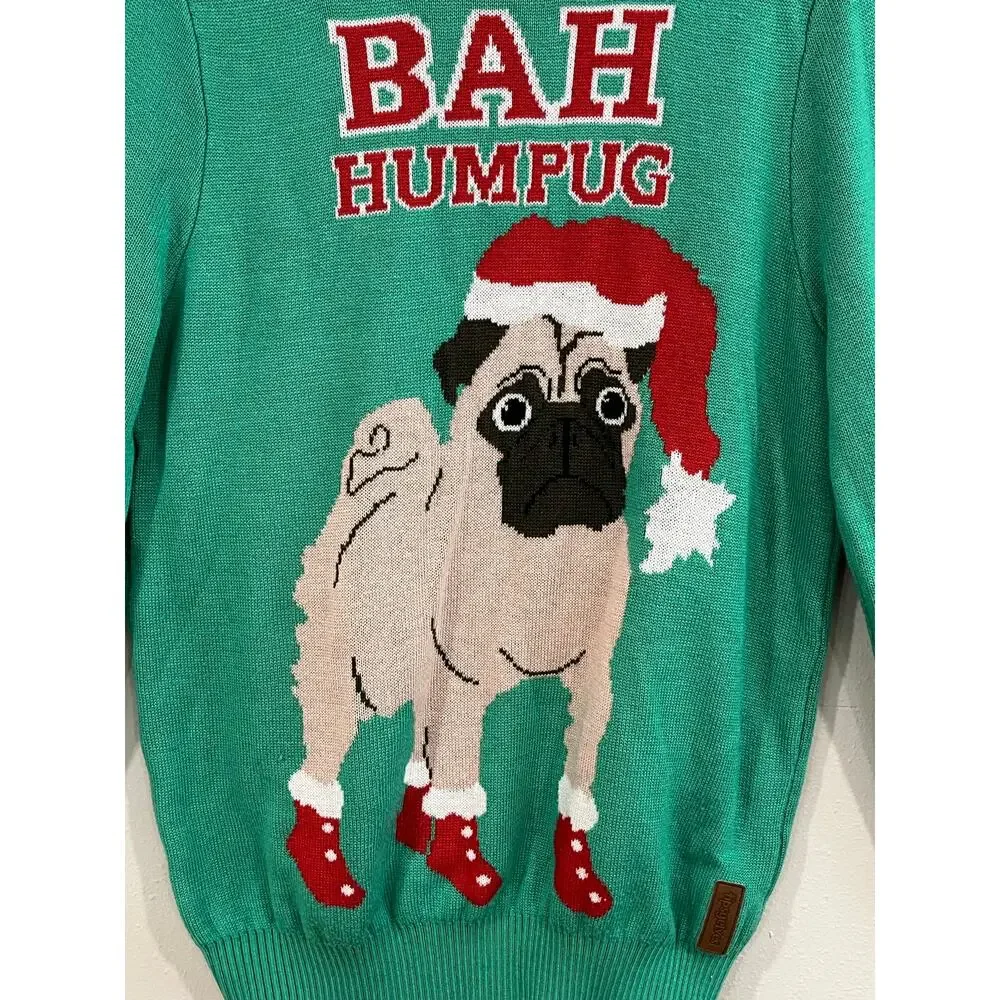Tipsy Elves Mens‎ Christmas Sweater Bah Humpug Pug Sz Large Funny Holiday Knit